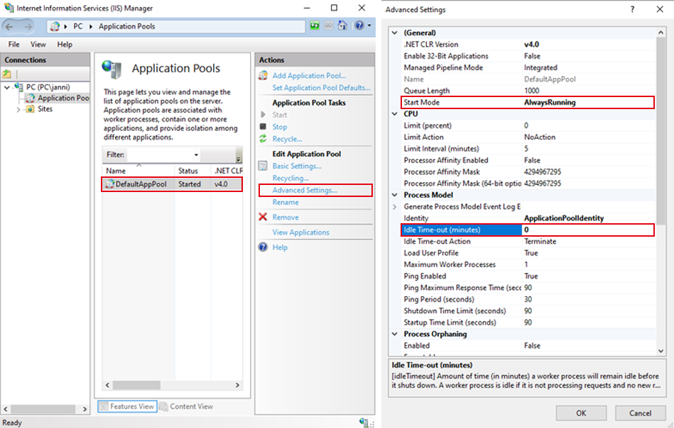 IIS application pool settings